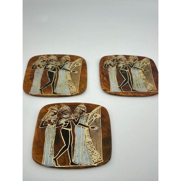 Vintage 3 Pc Set of Egyptian Goddess Leather Coasters - Picture 1 of 5
